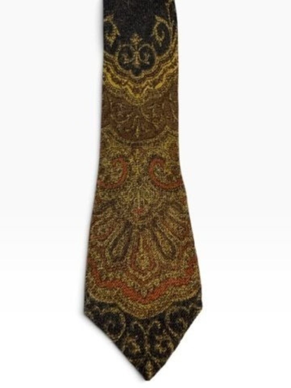Vintage Wool Necktie, Brown Gold Paisley Tapestry Tie, 100% Wool Mens Dress Tie